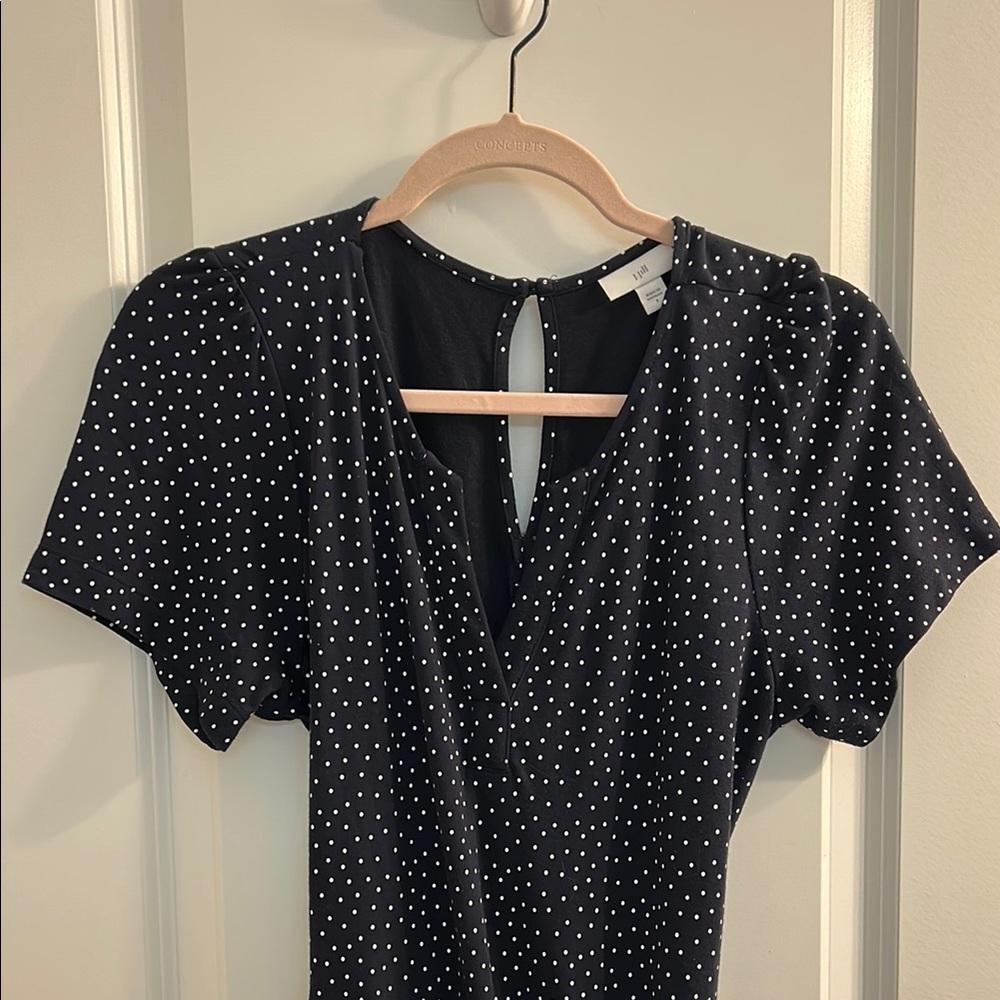 J. Jill V-Neck Polka Dot Waist Tie Navy Jumpsuit - Picture 2 of 5